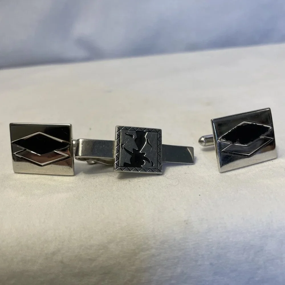 Vintage Swank Tie Tack Pin Cuff Links Silver Tone Black Accent Bullet Backing